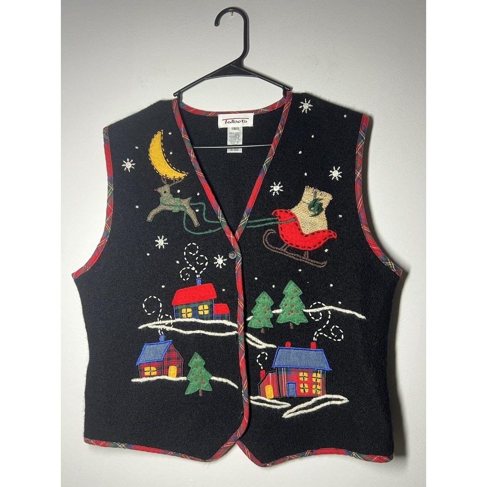VTG Talbots Women's 100% Wool V-Neck  Christmas Embroidered Sweater Vest Sz L